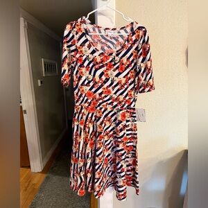 Lularoe Nicole Blue White Stripe and Floral Dress size Large NWT